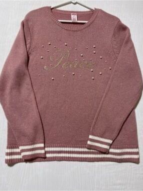 Holiday Time Dusty Rose Crewneck Sweater with Gold Script and Pearls L (12-14)